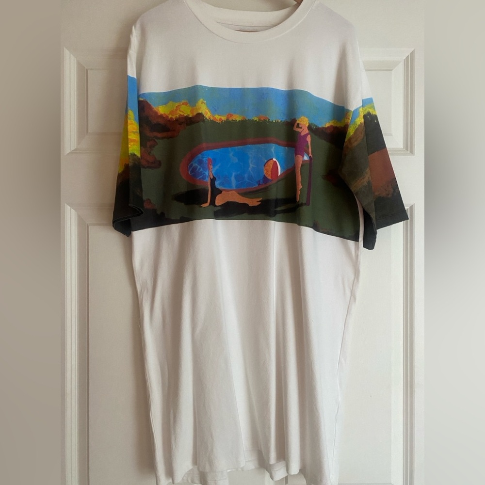 Zara White Graphic T-Shirt Dress Size M Art To Wear Vibrant Women By The Pool - Picture 4 of 9